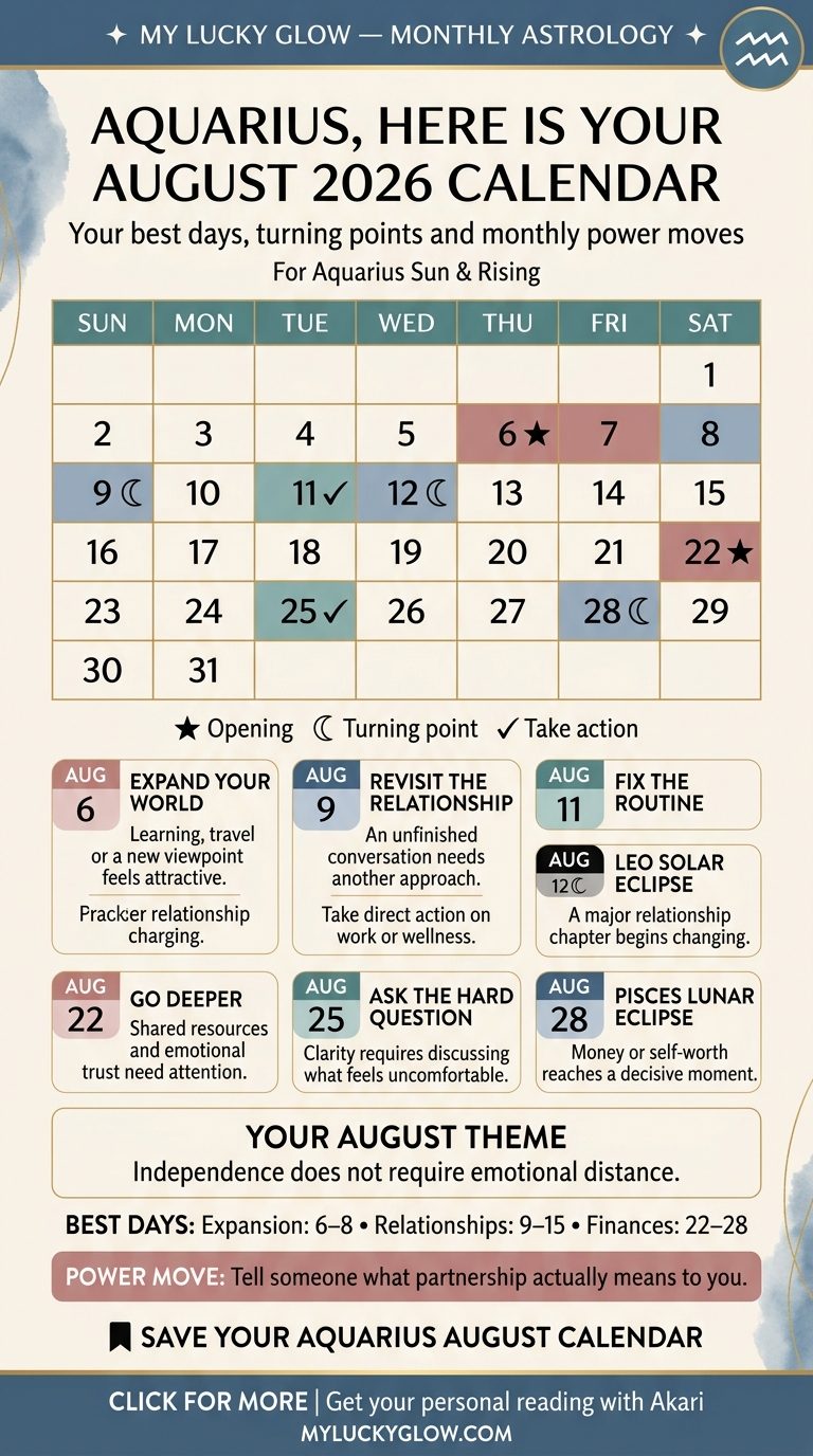 Aquarius August 2026 astrology calendar showing best days and key dates