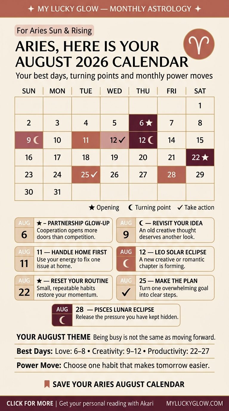 Aries August 2026 astrology calendar showing best days and key dates