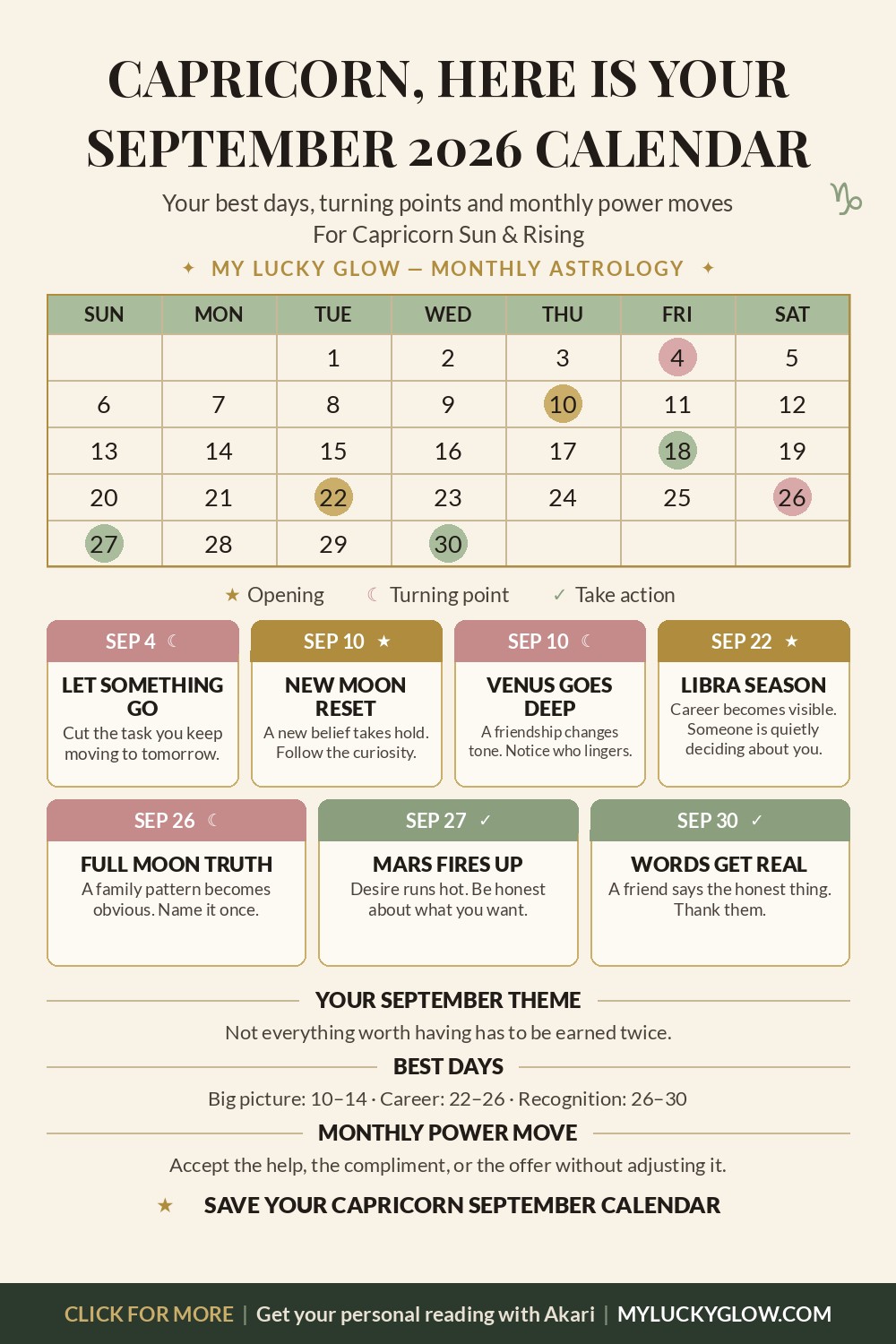 Capricorn September 2026 astrology calendar showing best days and key dates