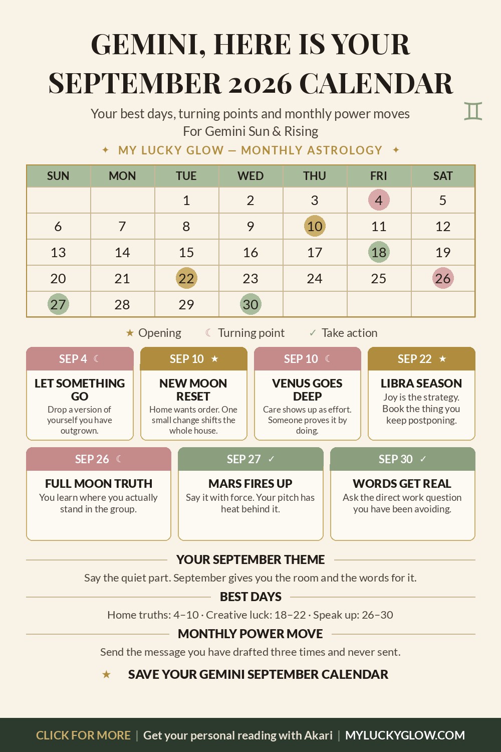 Gemini September 2026 astrology calendar showing best days and key dates