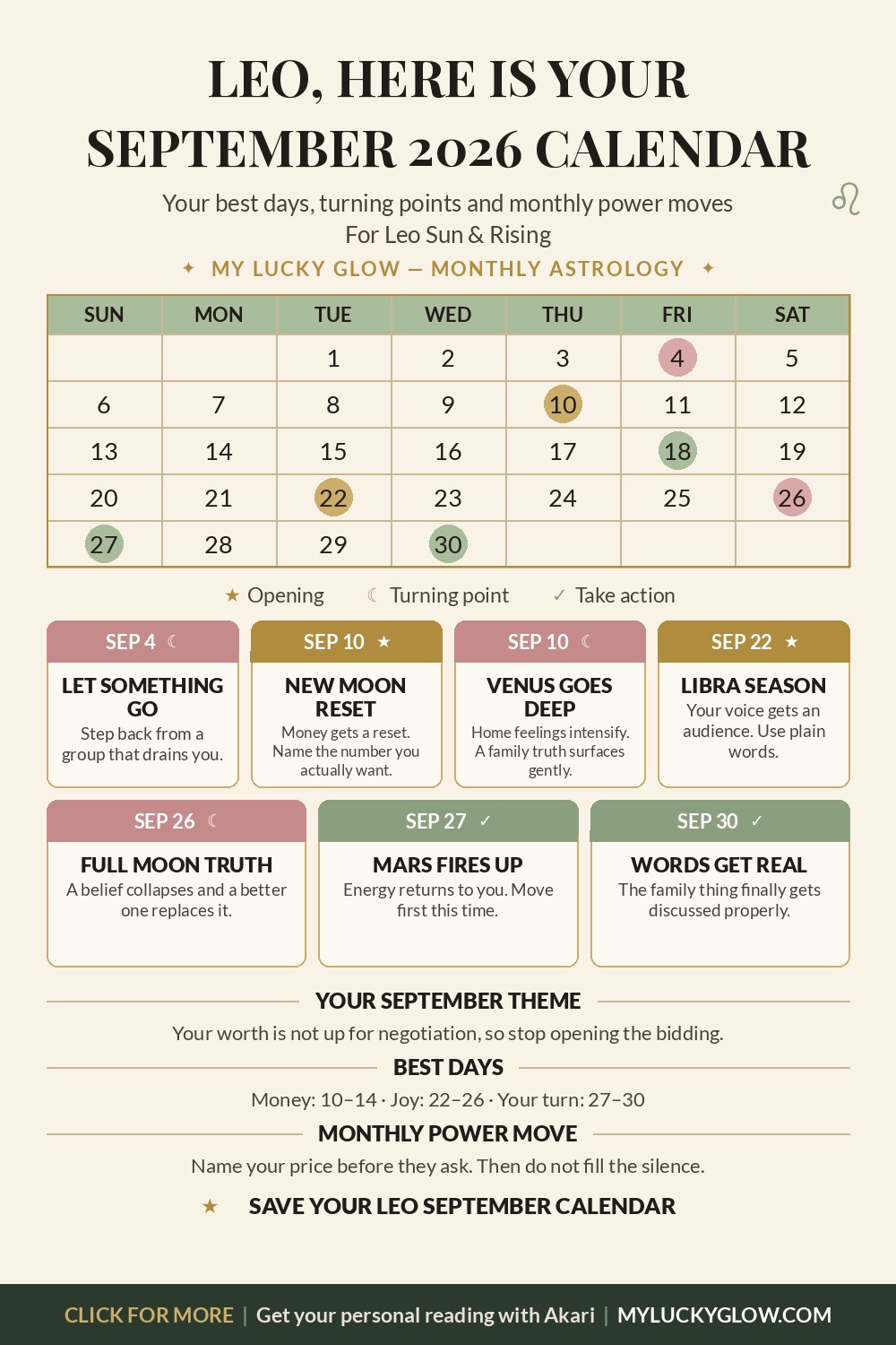 Leo September 2026 astrology calendar showing best days and key dates