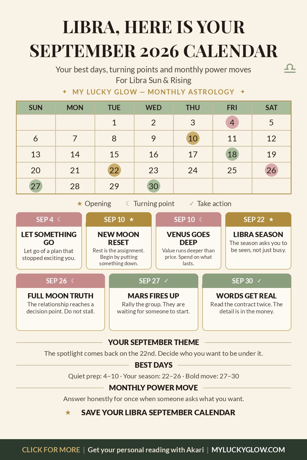 Libra September 2026 astrology calendar showing best days and key dates