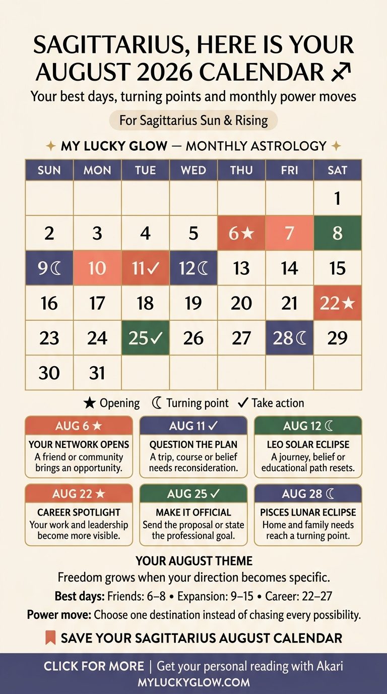 Sagittarius August 2026 astrology calendar showing best days and key dates