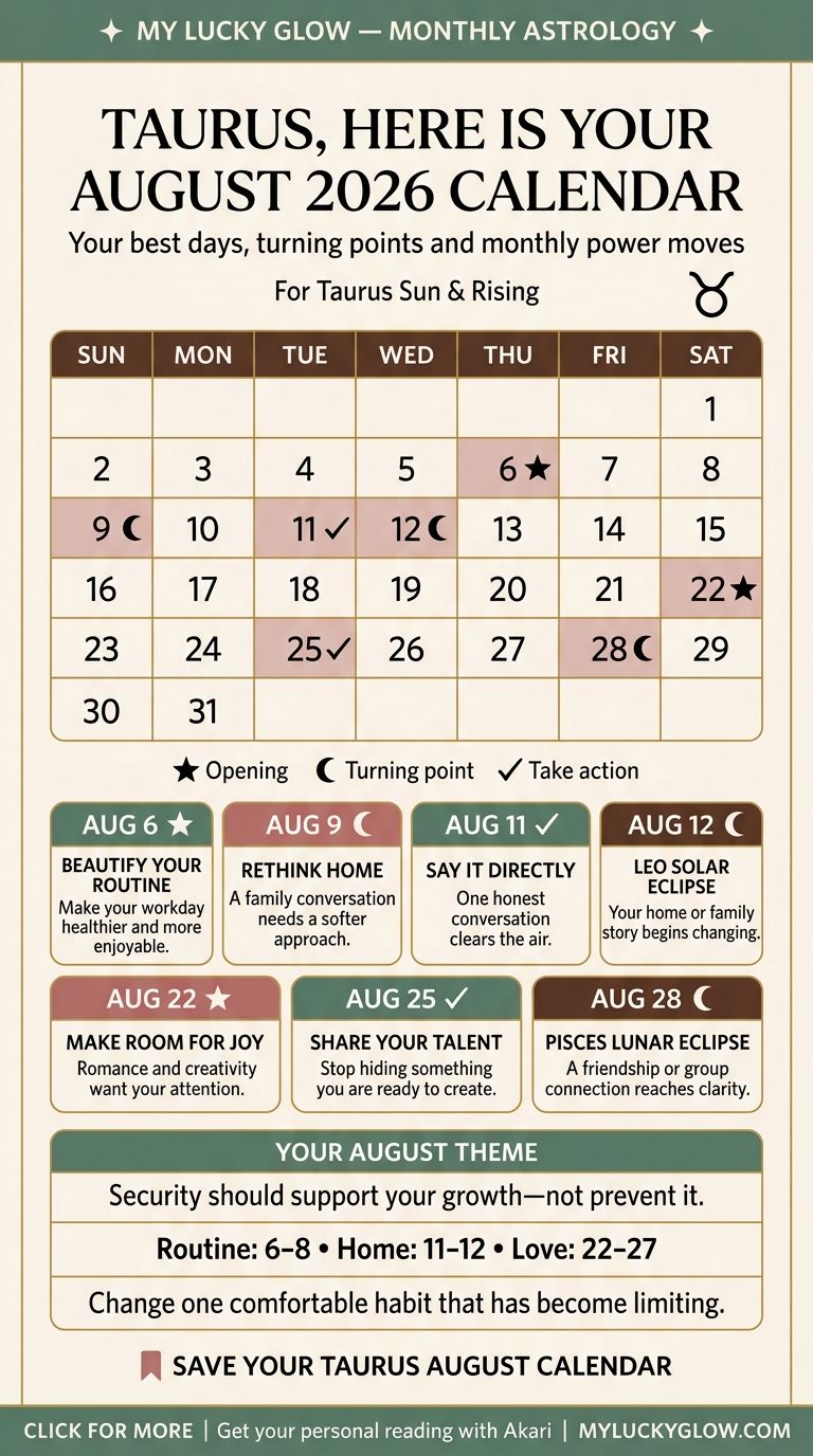 Taurus August 2026 astrology calendar showing best days and key dates