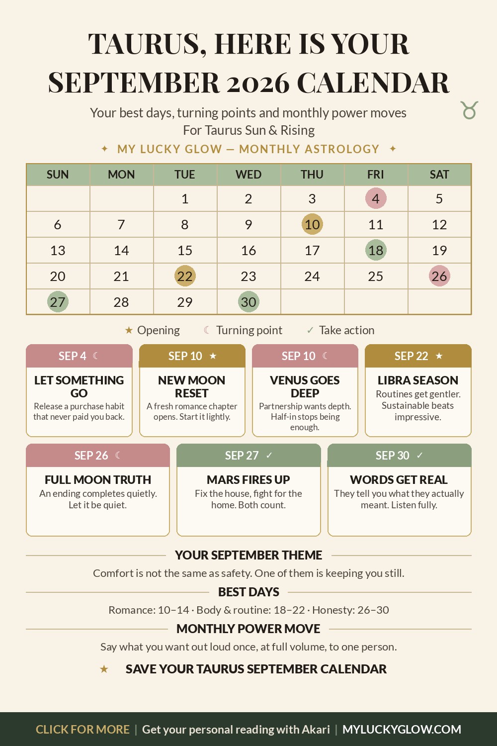 Taurus September 2026 astrology calendar showing best days and key dates