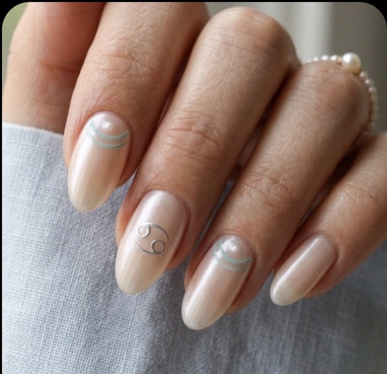 Minimal Cancer manicure with luminous pearl rounded-almond nails, moonlit silver shimmer, Cancer glyph and sea-glass blue curves.