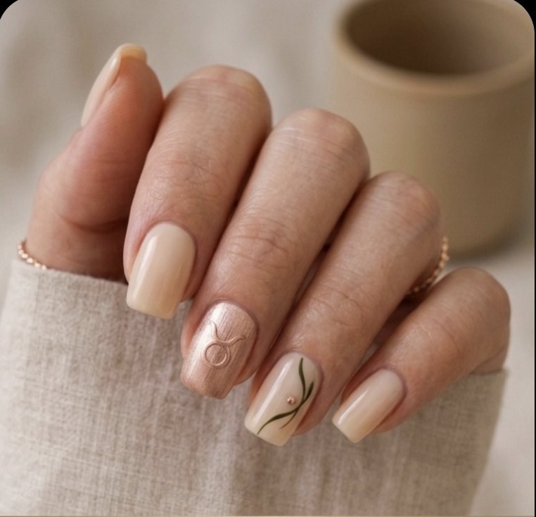 Minimal Taurus manicure with creamy oat nude rounded-square nails, brushed rose gold accents, Taurus glyph and deep olive details.