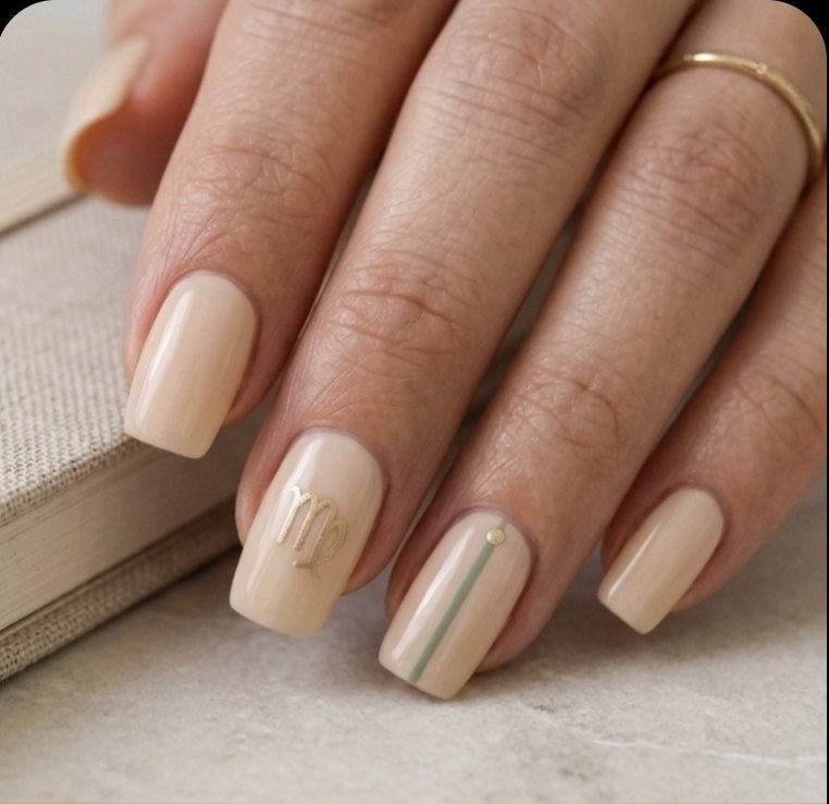 Minimal Virgo manicure with creamy almond-beige soft square nails, champagne gold lines, Virgo glyph and muted sage details.